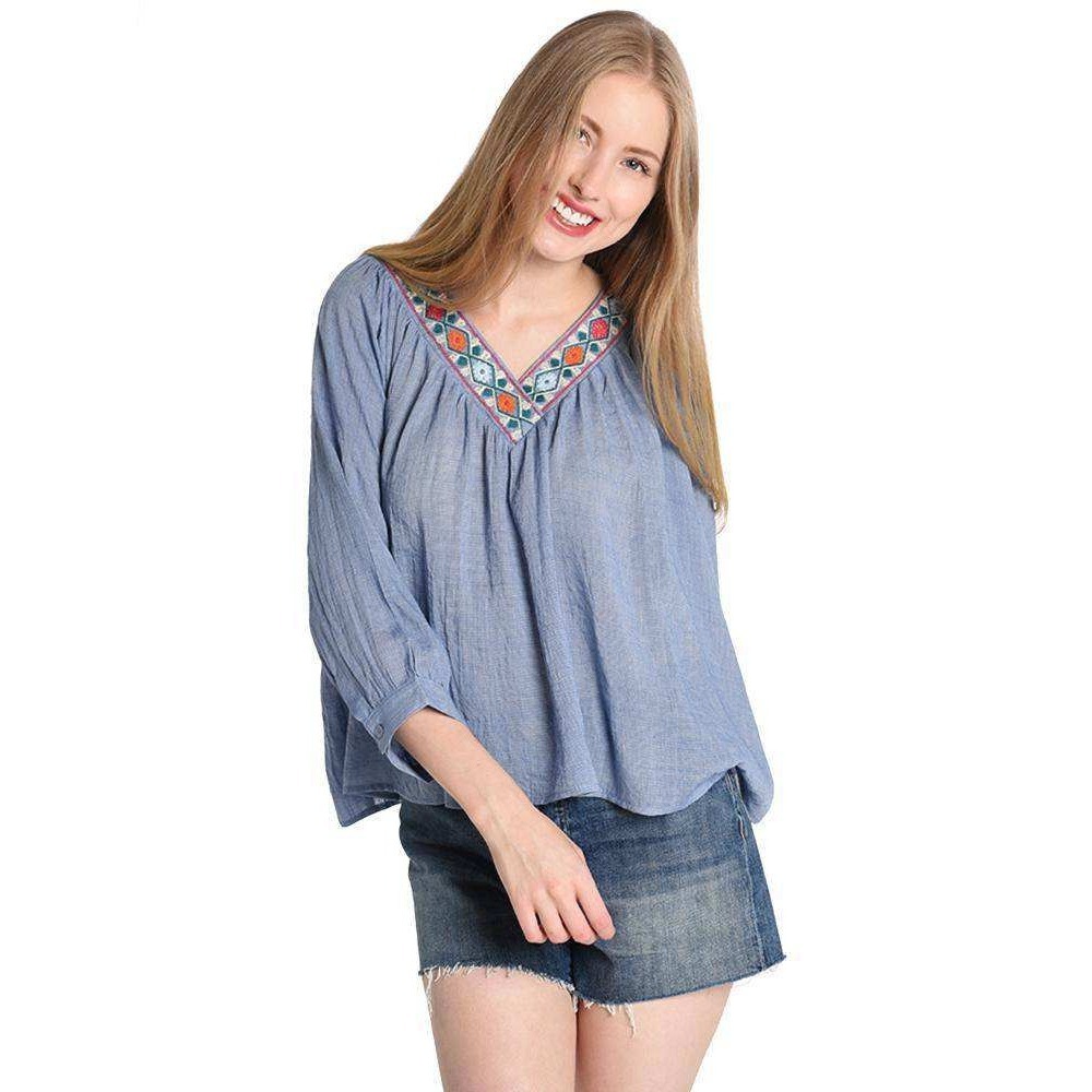THML V Neck Raglan Blouse Boho Embroidered Neckline Relaxed Fit Blue Small